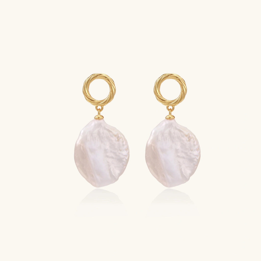 Front view of baroque pearl drop earrings with 18K gold vermeil twisted studs