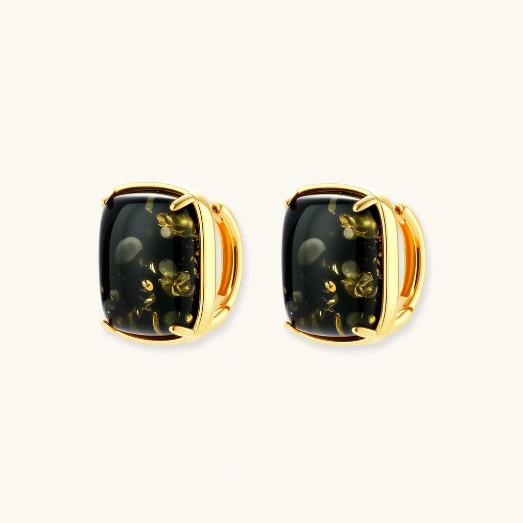 Close-up of Forest Reverie Earrings with deep green amber