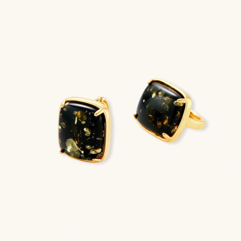 Side view of green amber Forest Reverie Earrings in gold-plated sterling silver
