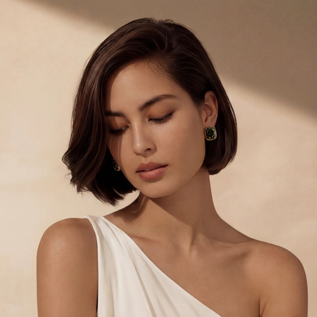 Model wearing Forest Reverie Earrings with green amber